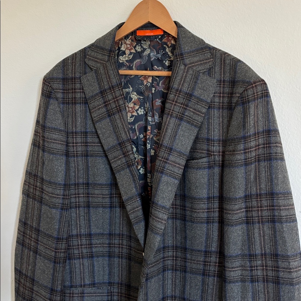 TALLIA Dark Plaid Wool Two Button Blazer Dragon Print Lining Size 44L
